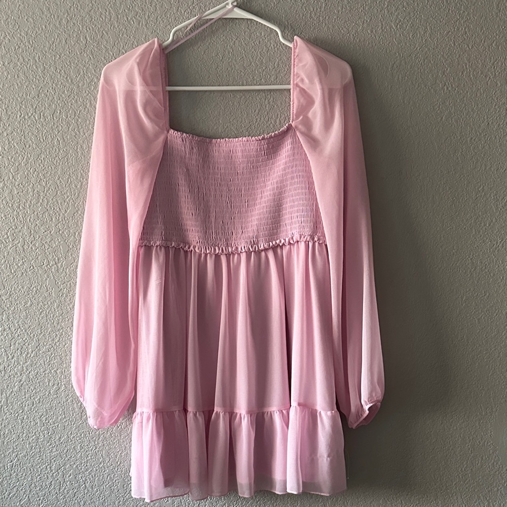 Pink off Shoulder Dress with Sheer Sleeves